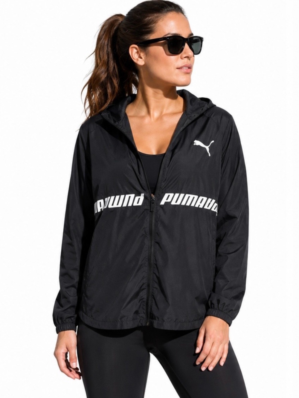 Puma Women’s Black Logo Hooded Windbreaker Jacket Size M